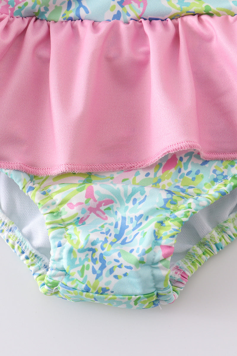 Lily print turtle embroidery girl 1pcs swimwear