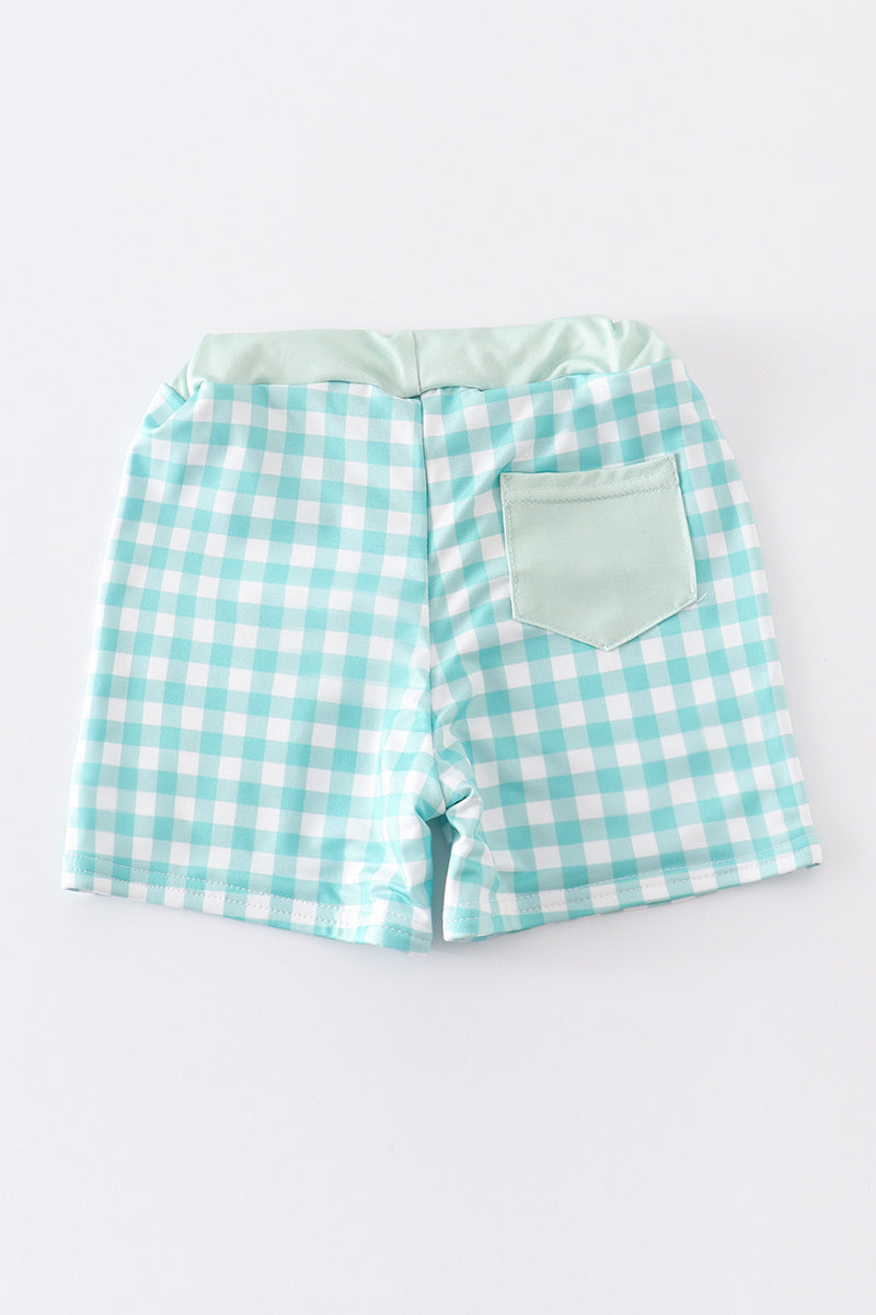 Green plaid crab embroidery boy swim trunks