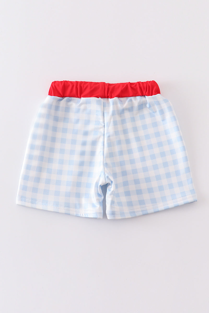 Patriotic plaid flag embroidery boy swim trunks