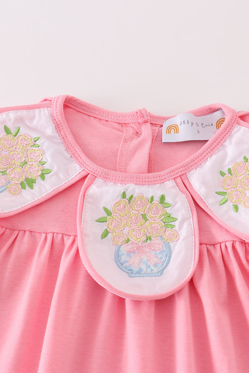 Pink floral embroidery girl dress