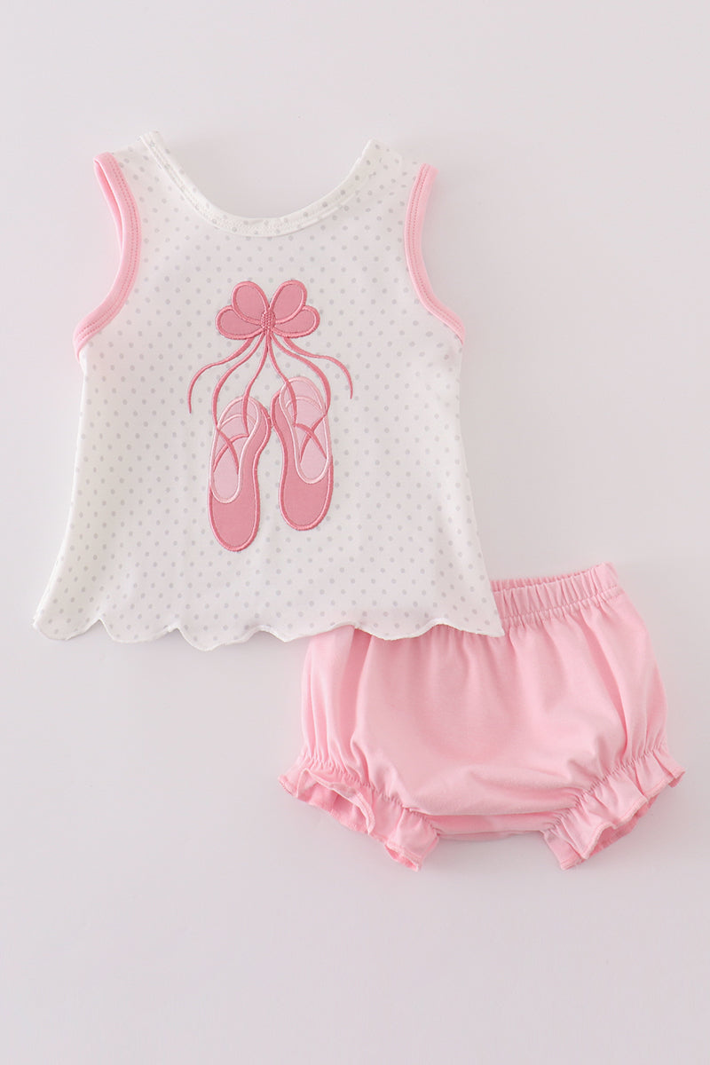 Pink ballet shoes applique girl bloomer set