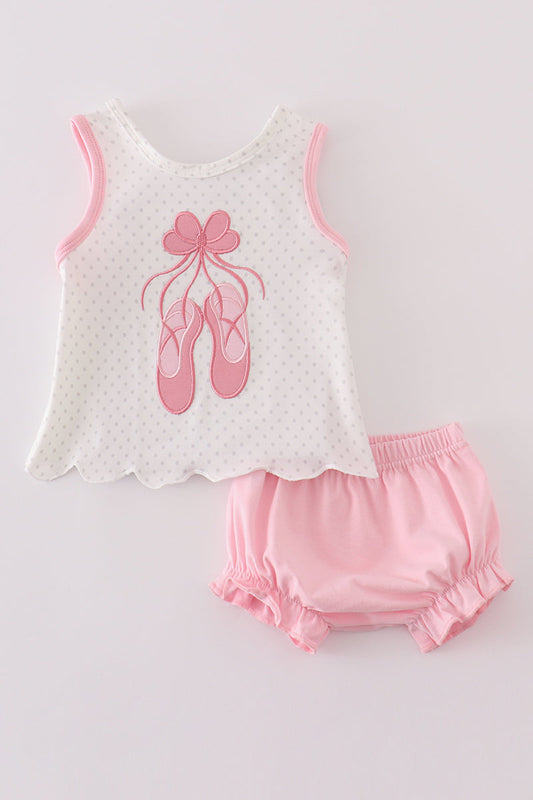 Pink ballet shoes applique girl bloomer set