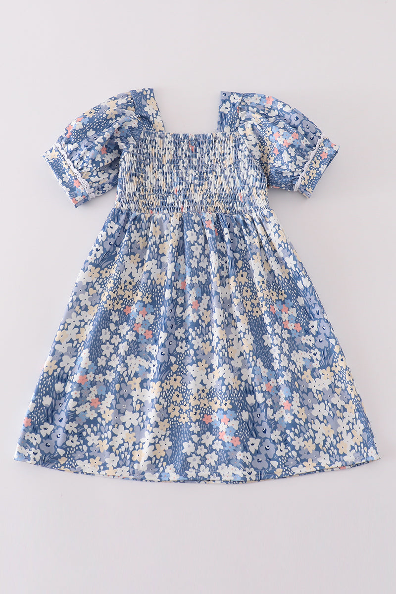 Blue delicate floral smocked girl dress