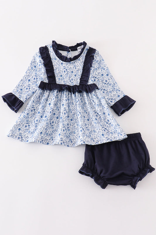 Blue floral print baby girl set