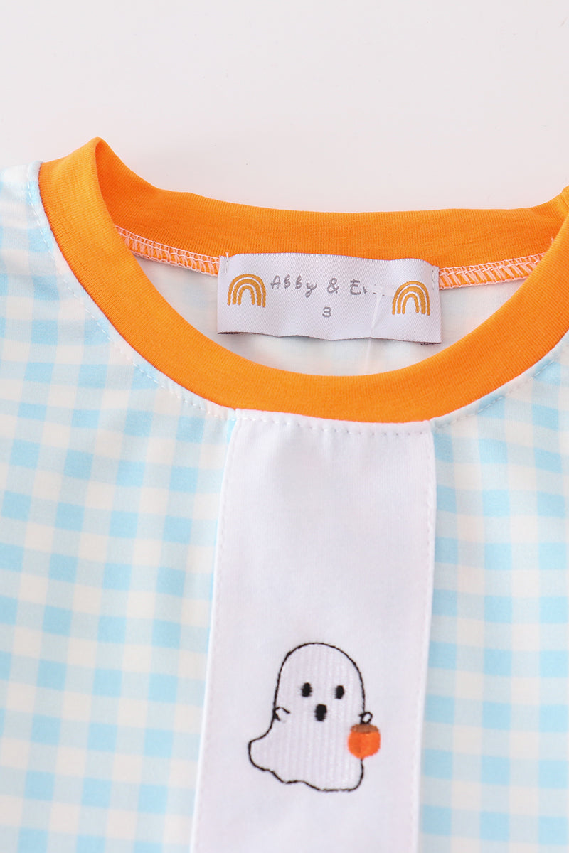 Blue halloween ghost pumpkin embroidery boy set