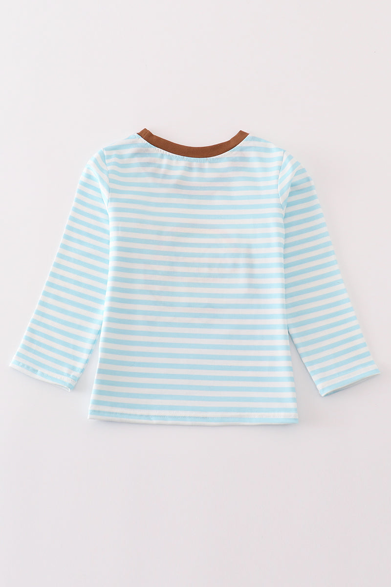 Blue stripe noah's ark animal applique boy top