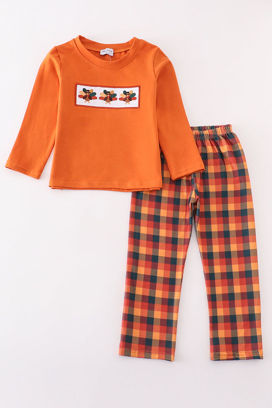 Orange turkey embroidery plaid boy set