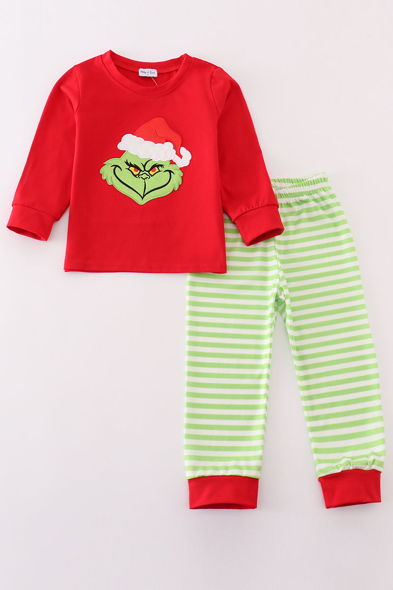 Red christmas grinch applique boy pajamas set