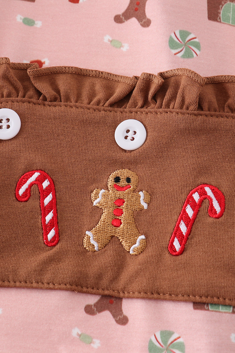 Pink christmas gingerbread girl ruffle zip romper