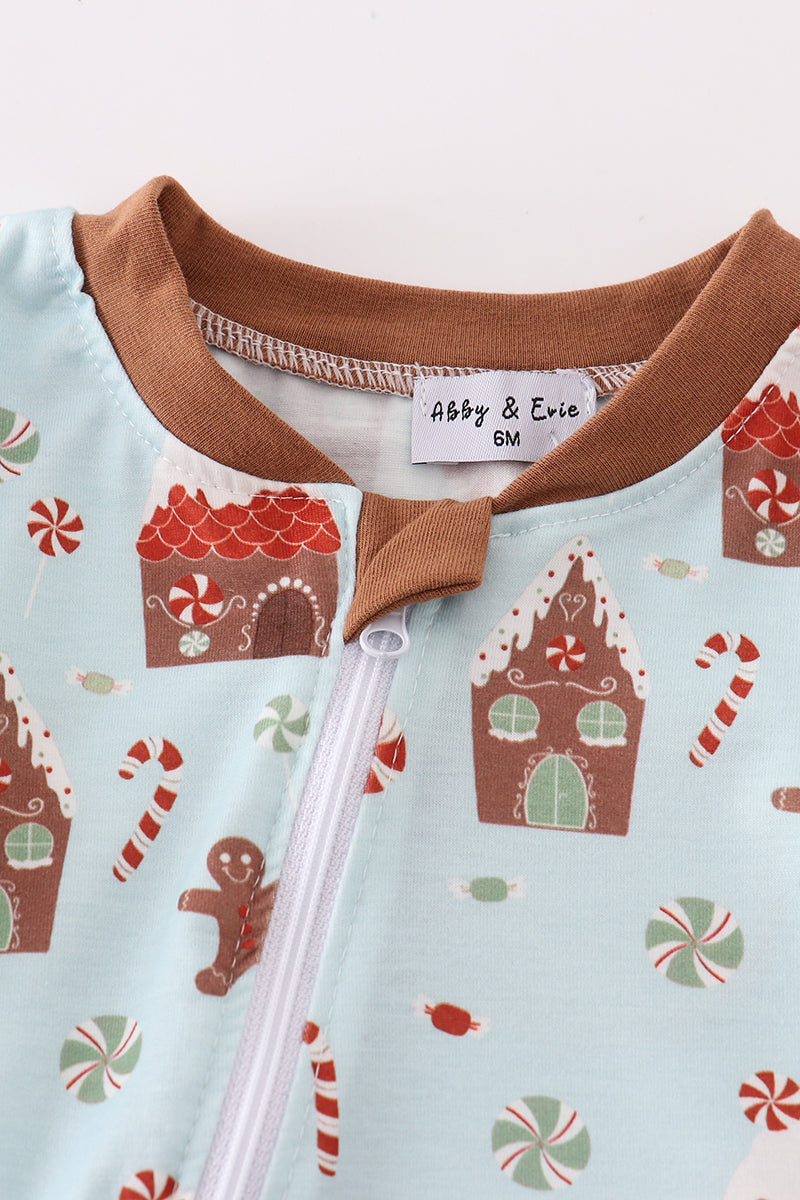 Blue christmas gingerbread boy zip romper