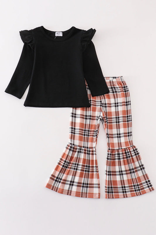 Rust plaid girl ruffle pants set