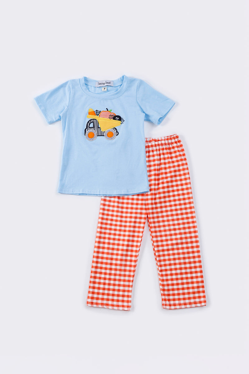 Blue pumpkin truck applique boy set