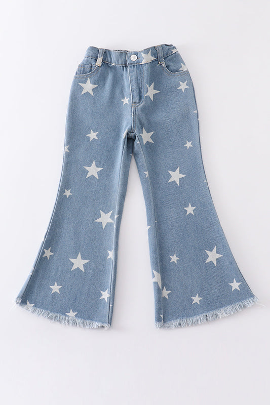 Blue star print flare denim jeans