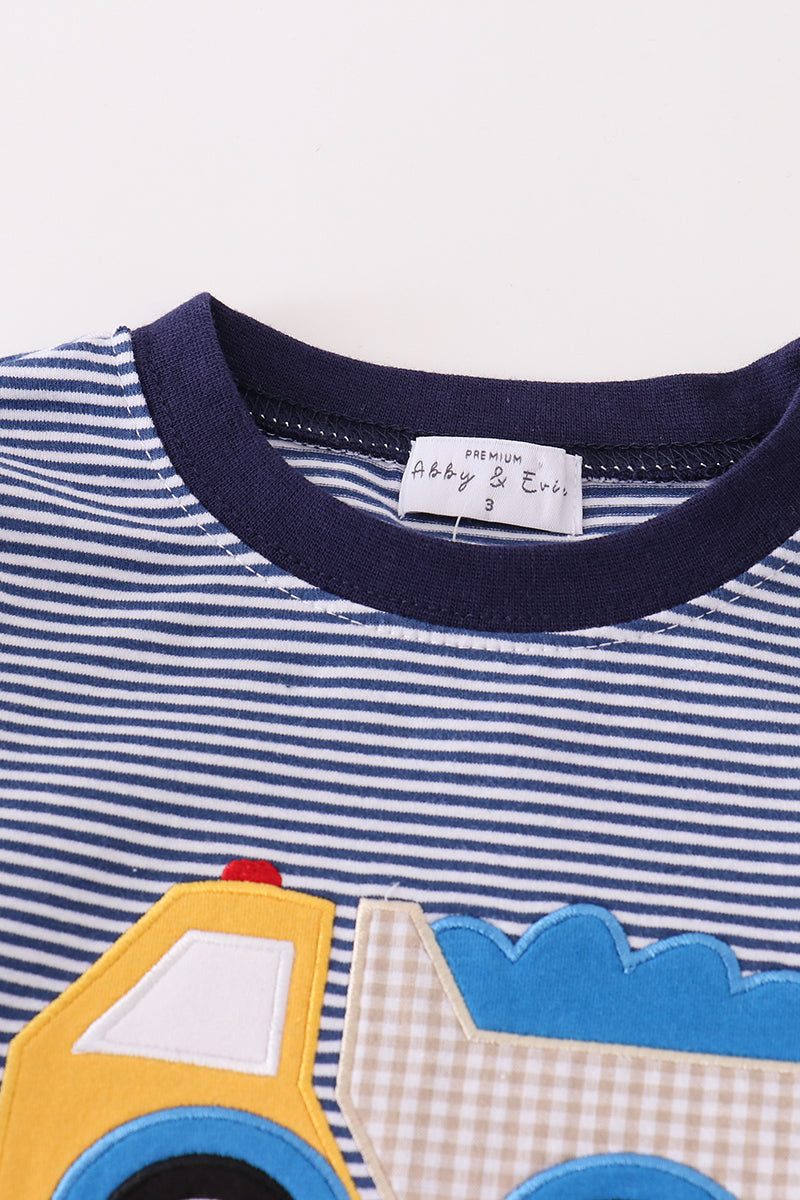 Premium blue stripe truck applique boy set