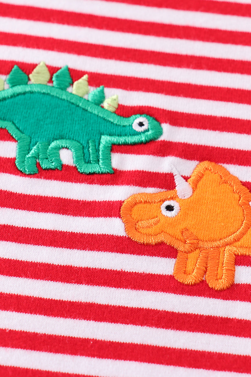 Premium red stripe dinosaur applique boy set