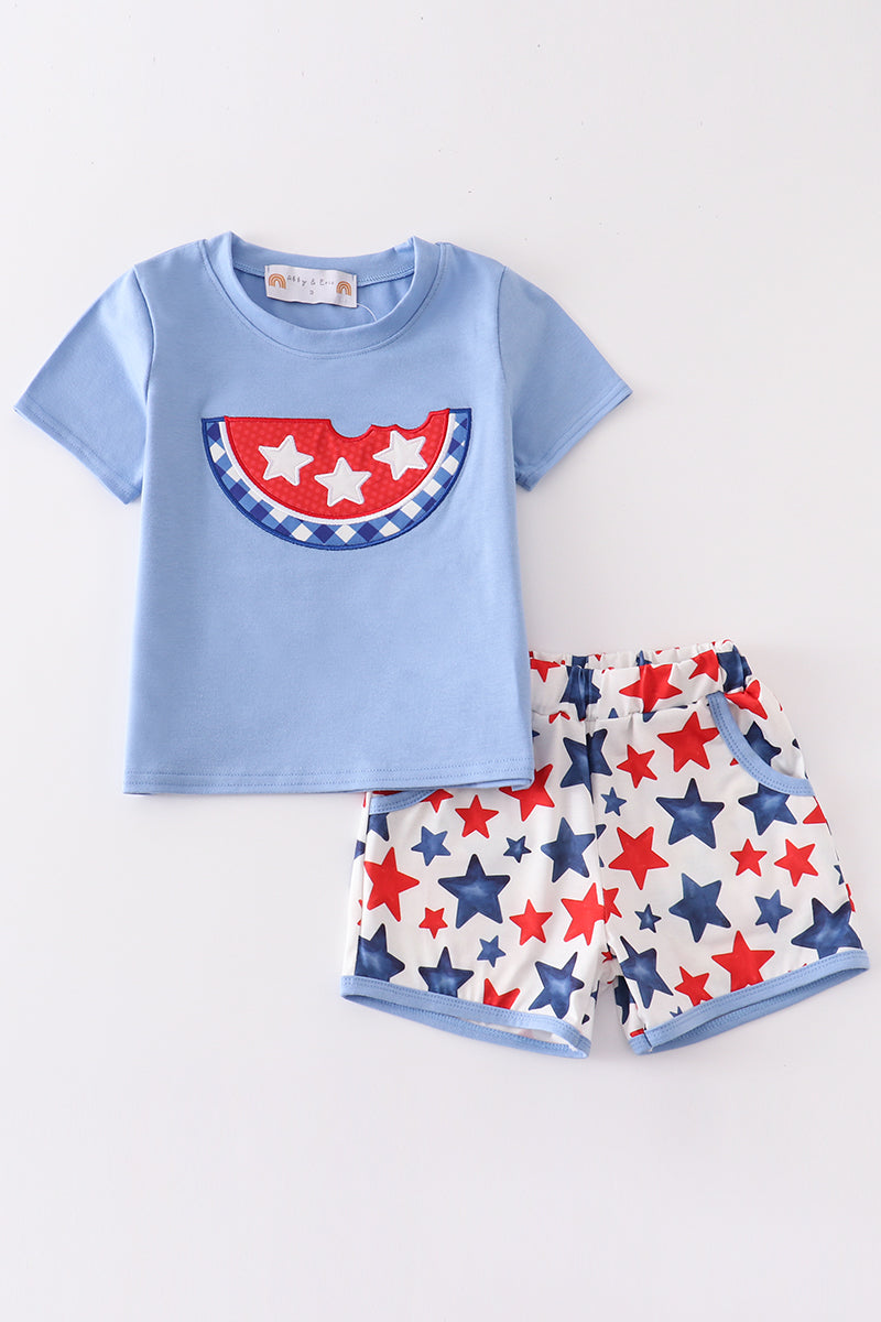 Patriotic star print watermelon applique boy set