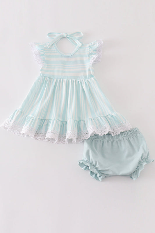 Blue stripe ruffle baby bloomer set