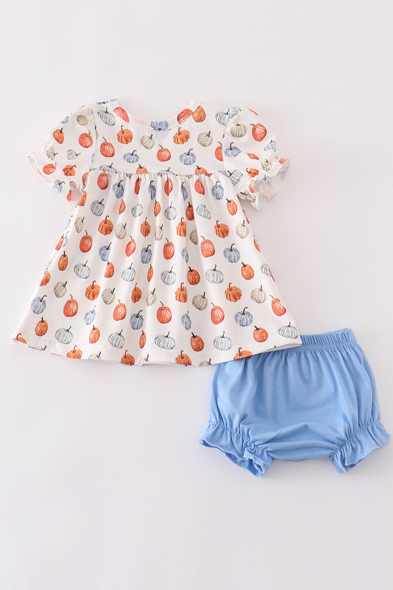 Blue pumpkin baby girl bloomers set