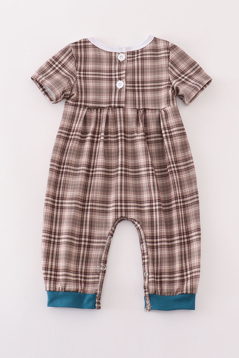 Brown plaid turkey french knot boy romper