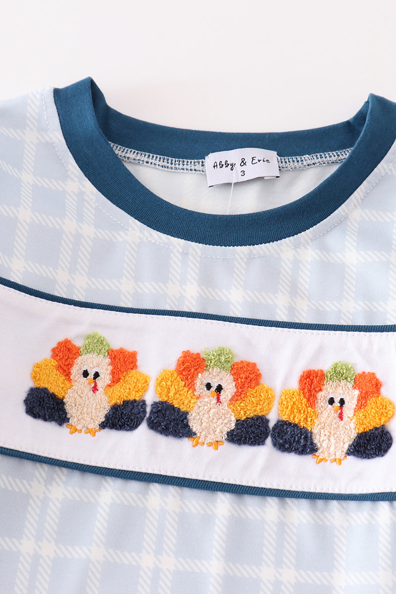 Blue thanksgiving turkey french knot boy set