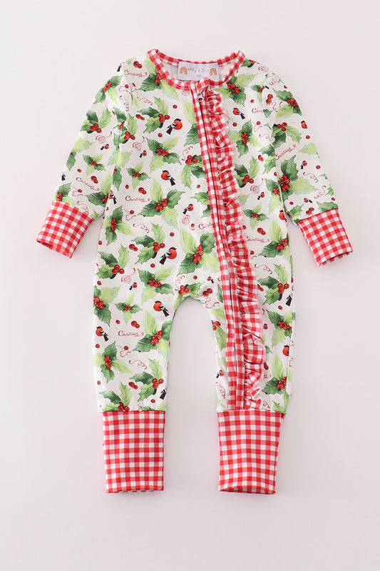 Christmas holly print girl romper