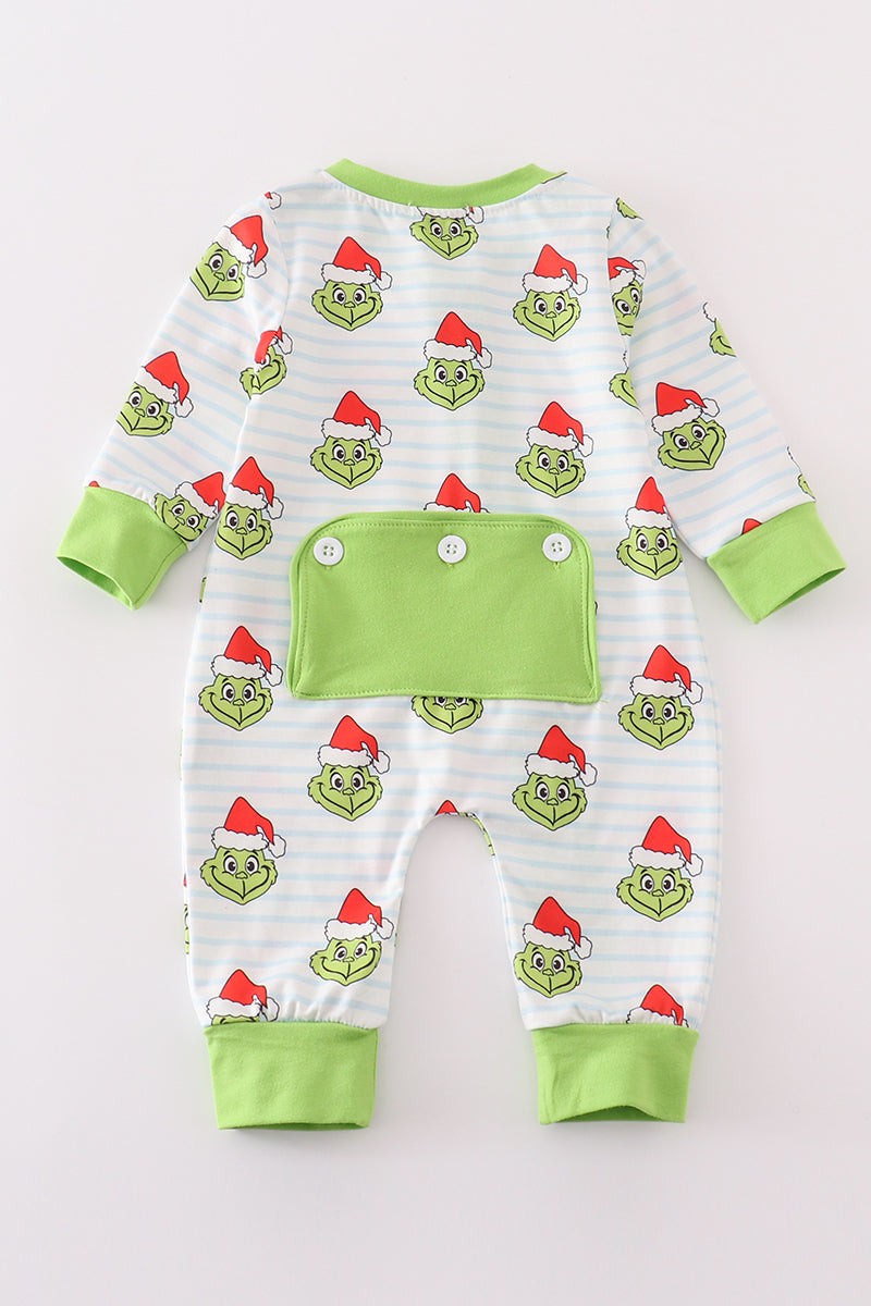 Green stripe christmas grinch zipper boy romper