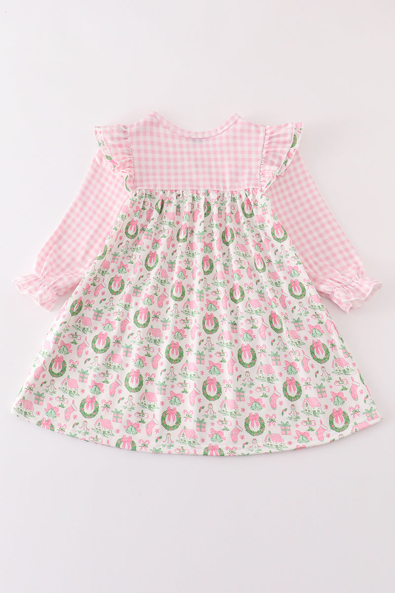 Pink watercolor christmas print girl dress