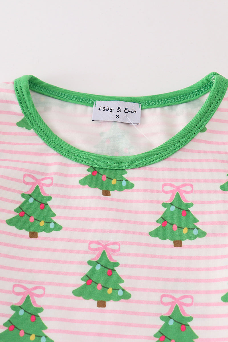 Green christmas tree print ruffle girl pajamas set