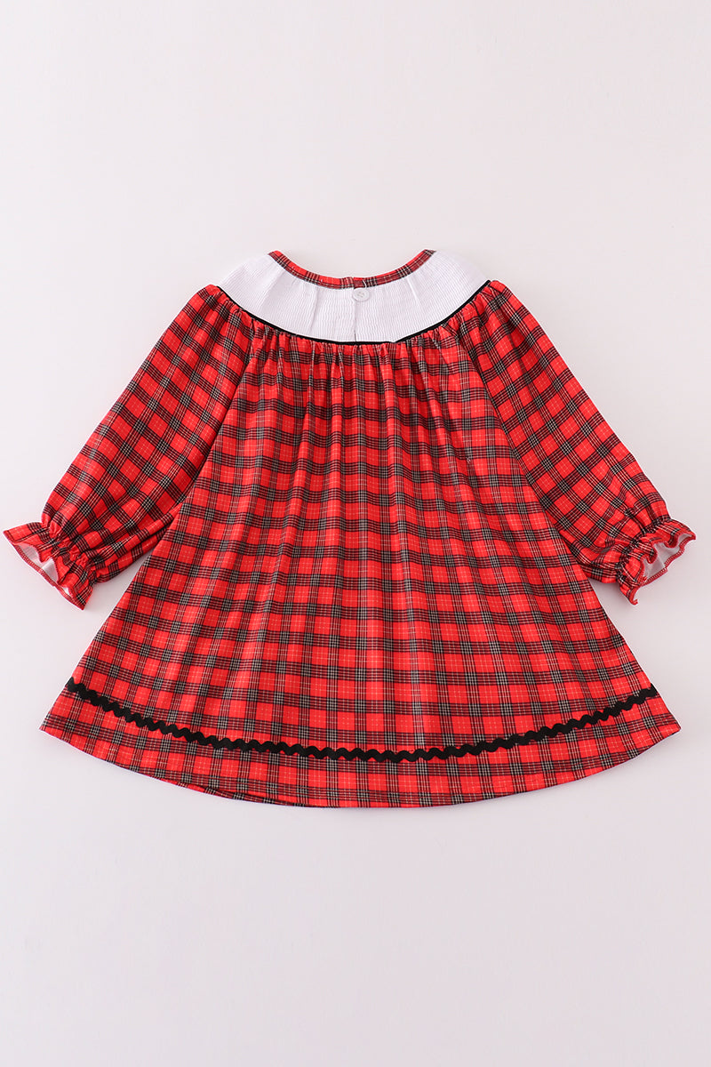 Red christmas santa embroidery smocked plaid bishop dress