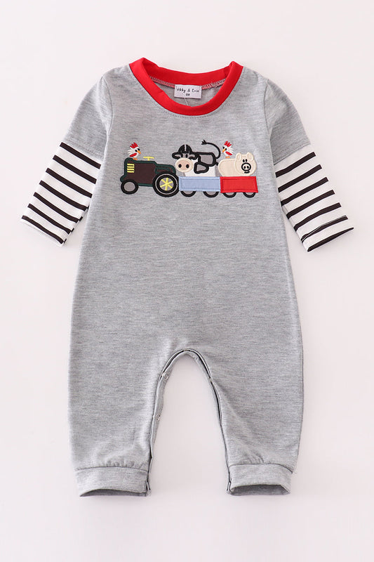 Grey farm applique boy romper