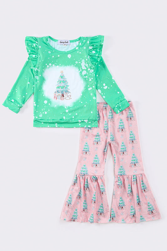 Pink christmas tree girl bell pants set