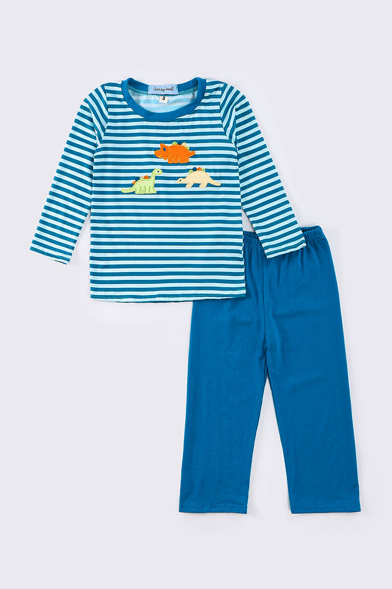 Blue stripe dinosaur applique boy set