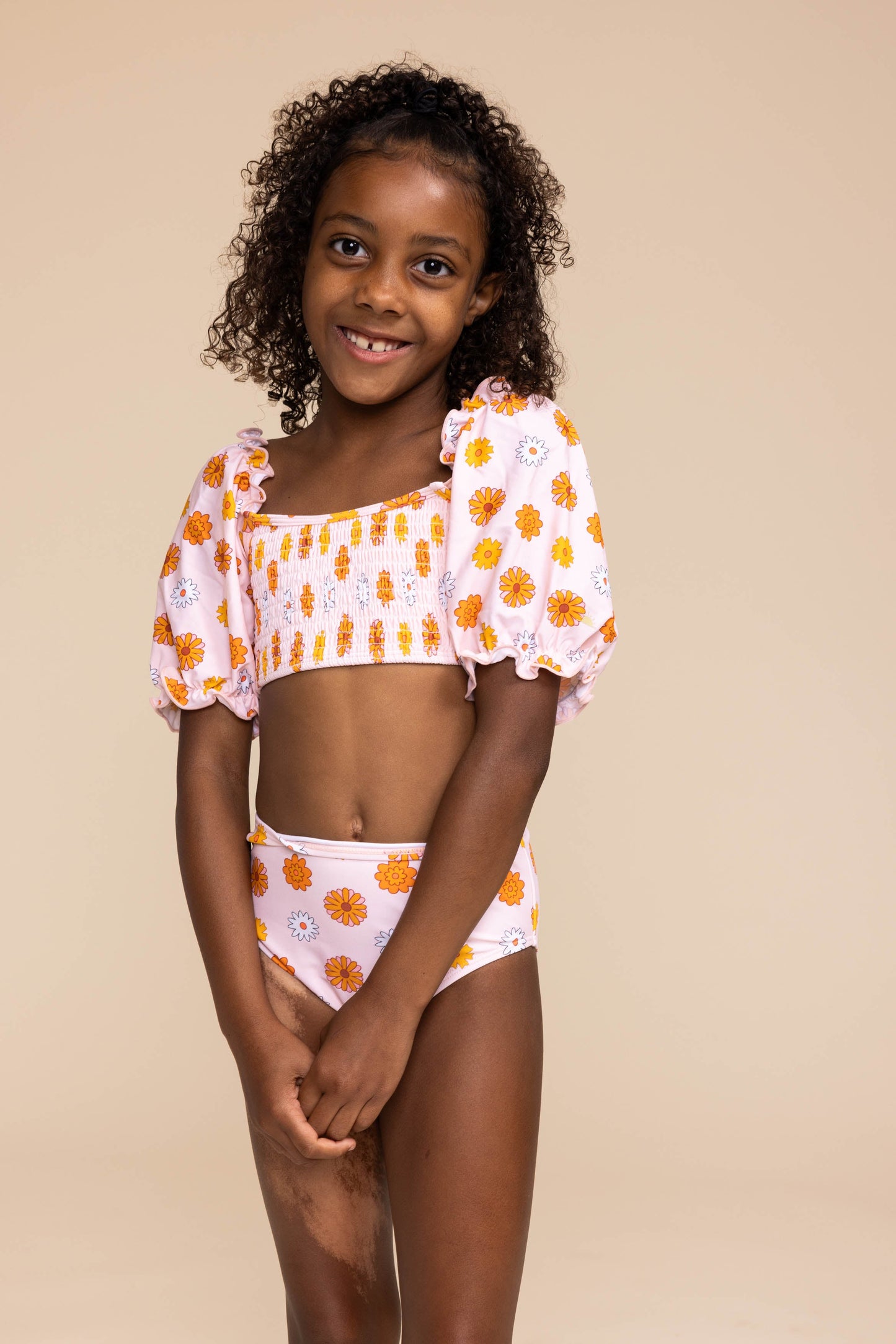 Orange floral print smocked 2pc girl swimsuit (size run small, go up 2-3 sizes)